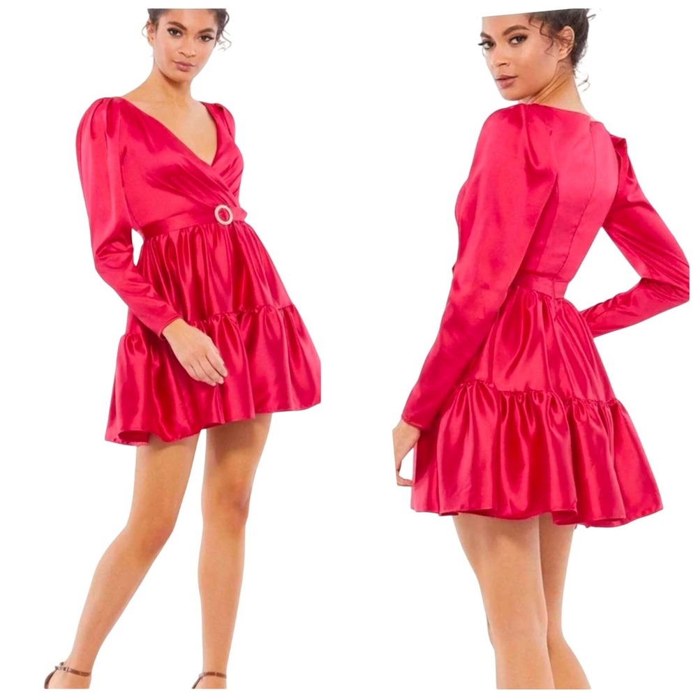 IEENA for Mac Duggal Mini Dress Women 4 Red pink Satin Ruffle Pearl Belted 26657